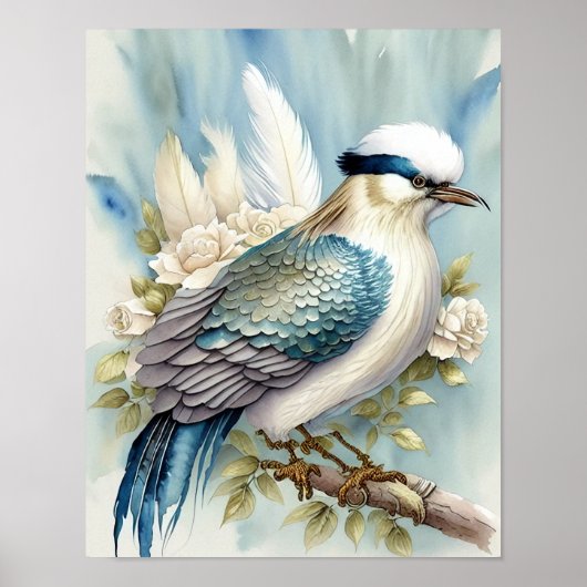 Schöne Bird Print Feathers Aquamarin Blue Ivory Sa Poster (Vorne)