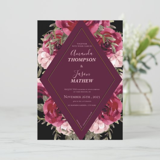 Schöne Black Burgundy Blush Pink Floral Wedding Einladung (Stehend Vorderseite)