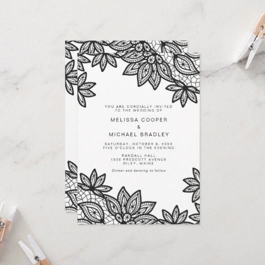 Schöne Black Lace Hochzeit mit QR Code UAWG Einladung (Vorderseite/Rückseite Beispiel)