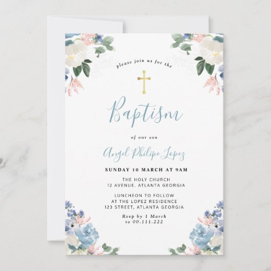 Schöne blaue Aquarelltaufe Einladung (Vorderseite)