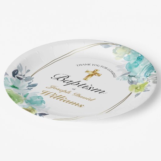 Schöne blaue Blume Golden Cross Baby Taufe Pappteller (Schrägansicht)