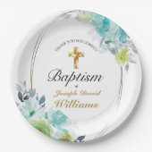 Schöne blaue Blume Golden Cross Baby Taufe Pappteller (Vorderseite)