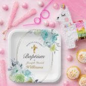 Schöne blaue Blume Golden Cross Baby Taufe Pappteller (Party)