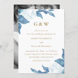 Schöne blaue Blume mit Monogramm Foto Hochzeit Einladung