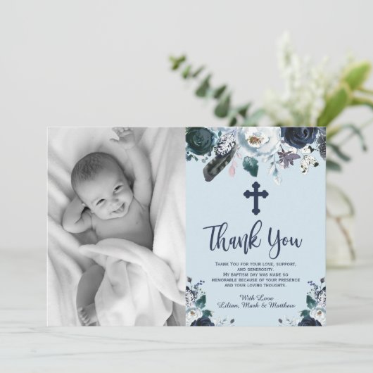 Schöne blaue Blumentaufen Vielen Dank Karten (Stehend Vorderseite)