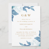 Schöne blaue Blüte mit goldfarbigen Monogrammen Einladung (Vorderseite)