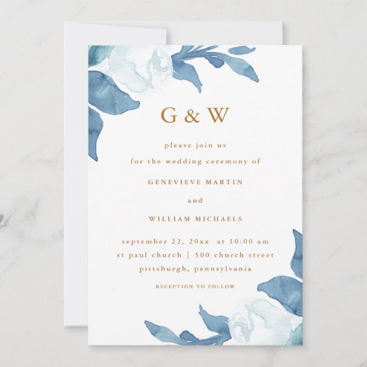 Schöne blaue Blüte mit goldfarbigen Monogrammen Einladung (Vorderseite)