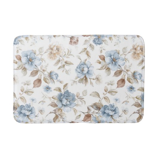 Schöne blaue Creme Beige Braune Blumen Badematte (Vorderseite)