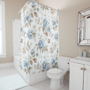 Schöne Blaue Creme Beige Braune Blumen Duschvorhang
