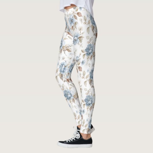 Schöne blaue cremefarbene braune Blumen Leggings (Links)