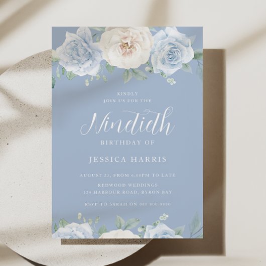 Schöne blaue Flora 90. Geburtstag Einladung