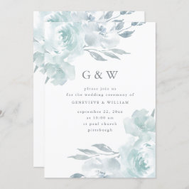 Schöne blaue Flora auf weißer Mongram-Hochzeit Einladung