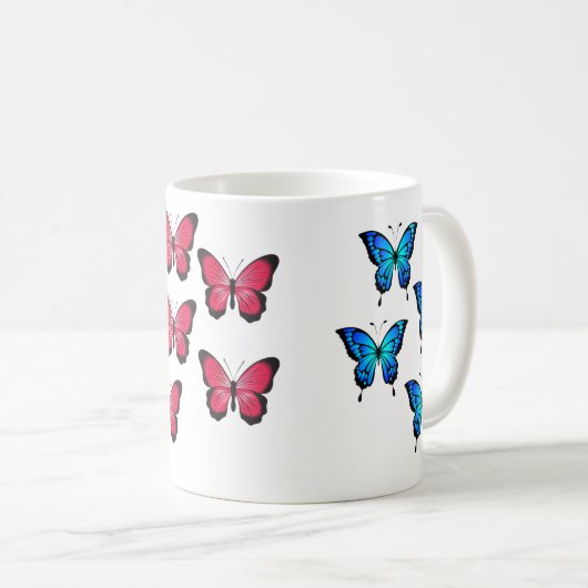 Schöne, blaue Fuchsienrosa Schmetterlinge Kaffeetasse (VorderseiteRechts)
