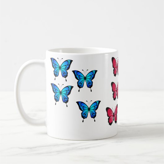 Schöne, blaue Fuchsienrosa Schmetterlinge Kaffeetasse (Links)