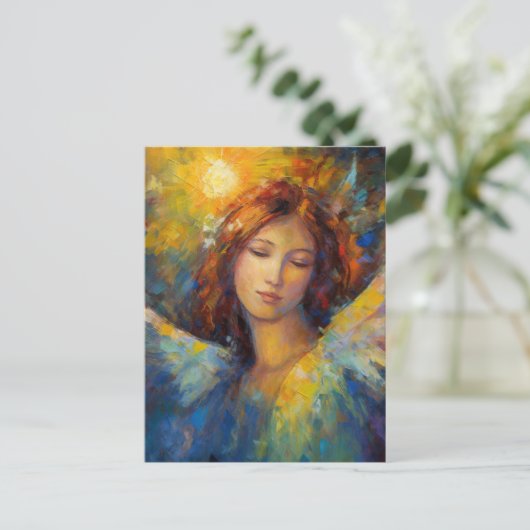Schöne blaue Gelbgelbe Engel Glows Postkarte (Stehend Vorderseite)