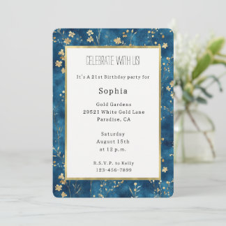Schöne blaue Gold-Blumen-Geburtstag Einladung