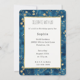 Schöne blaue Gold-Blumen-Geburtstag Einladung
