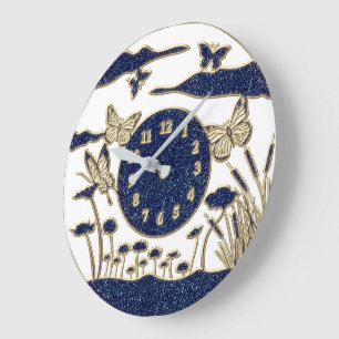 Schöne blaue/goldene Schmetterlinge Große Wanduhr