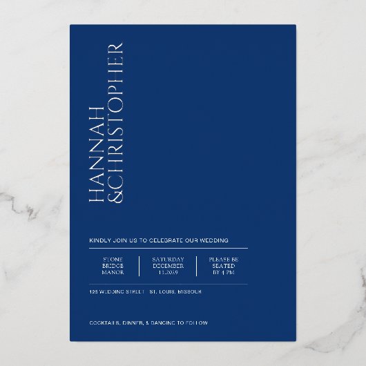 Schöne blaue Hochzeit Folieneinladung (Vorderseite)