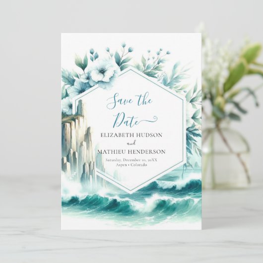 Schöne blaue Hochzeit Save The Date (Stehend Vorderseite)