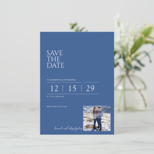 Schöne blaue Hochzeit Save The Date (Stehend Vorderseite)
