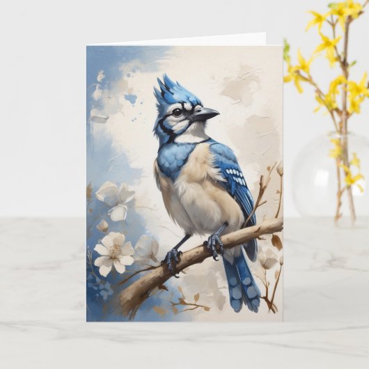 Schöne blaue Jay auf der Blume blank Karte (Gelbe Blume)