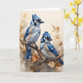 Schöne blaue Jay auf der linken Seite der Baumzwei Karte (Gelbe Blume)