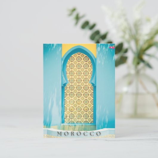 Schöne blaue marokkanische Tür in Marrakesch Postk Postkarte (Stehend Vorderseite)