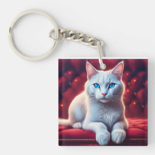 Schöne blaue Mit Augen Albino Katze auf dem exotis Schlüsselanhänger