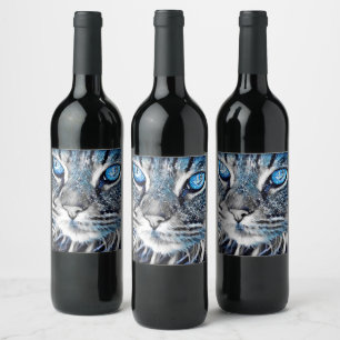 Schöne blaue mit Augen Katze Weinetikett