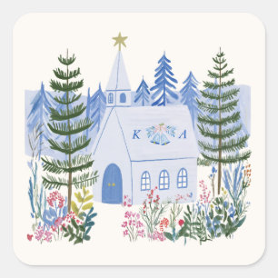 Schöne Blaue Monogramm-Hochzeitskapelle Quadratischer Aufkleber