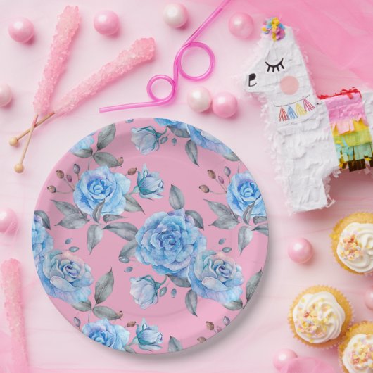 Schöne blaue Rose, pastellrosa Hintergrund, Pappteller (Party)