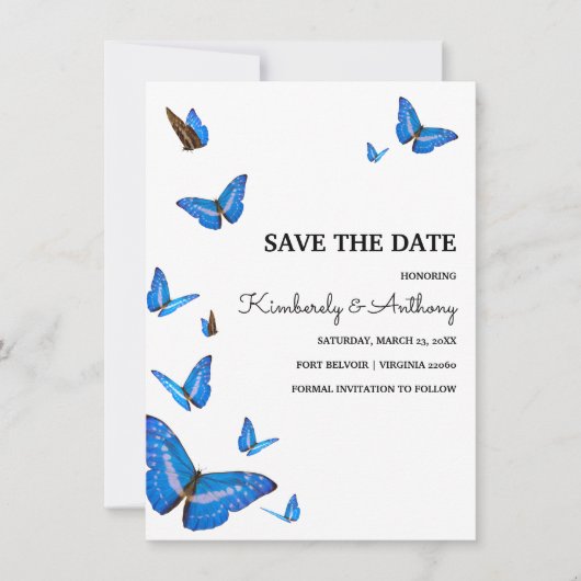 Schöne blaue Schmetterlinge Hochzeit speichern das Save The Date (Vorderseite)