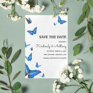 Schöne blaue Schmetterlinge Hochzeit speichern das Save The Date