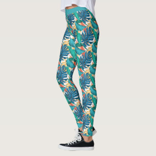 Schöne Blaue Türkis Blumen Blätter Yoga-Hosen Leggings