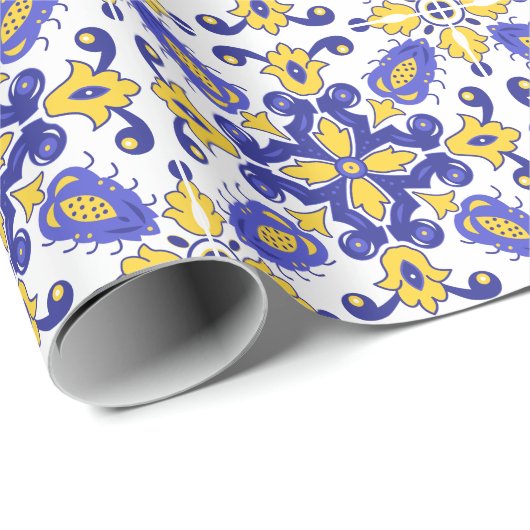 💙 💛 Schöne blaue und gelbe Azulejos Geschenkpapier (Rolleneckpunkt)