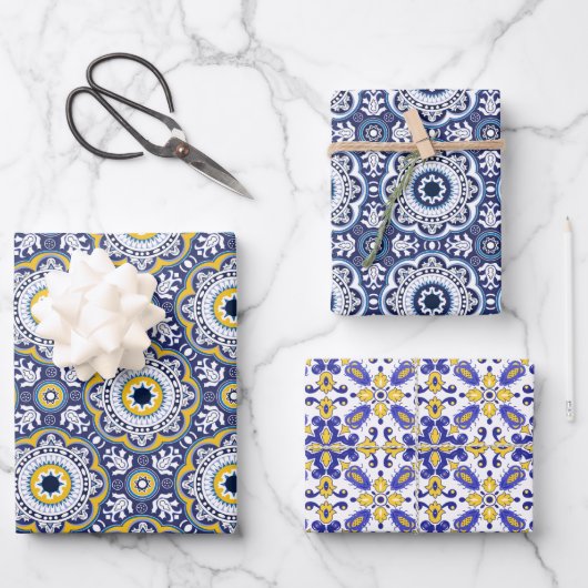 💗 Schöne blaue und gelbe Azulejos, Geschenkpapier Set (Vorderseite)