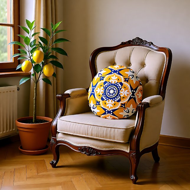 💛 💙 🤍 Schöne blaue und gelbe Azulejos Rundes Kissen (Beautiful blue and yellow Azulejos Round Pillow)