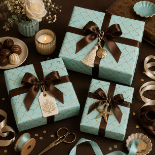 Schöne blaue und goldene Meerjungfrau-Schuppen Geschenkpapier