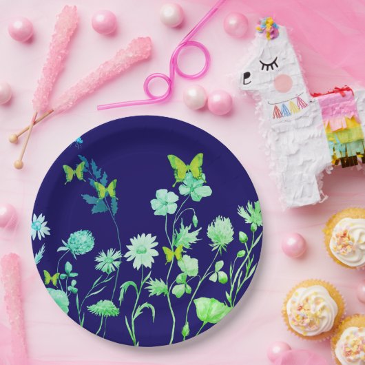 Schöne blaue und grüne Blüte und Schmetterling Pappteller (Party)