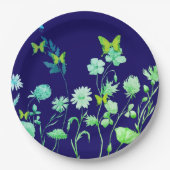 Schöne blaue und grüne Blüte und Schmetterling Pappteller (Vorderseite)