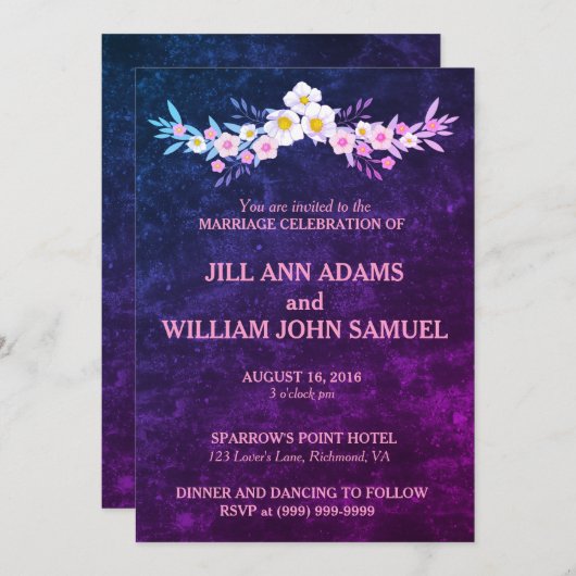 Schöne blaue und Lila Hochzeit Einladung (Vorne/Hinten)