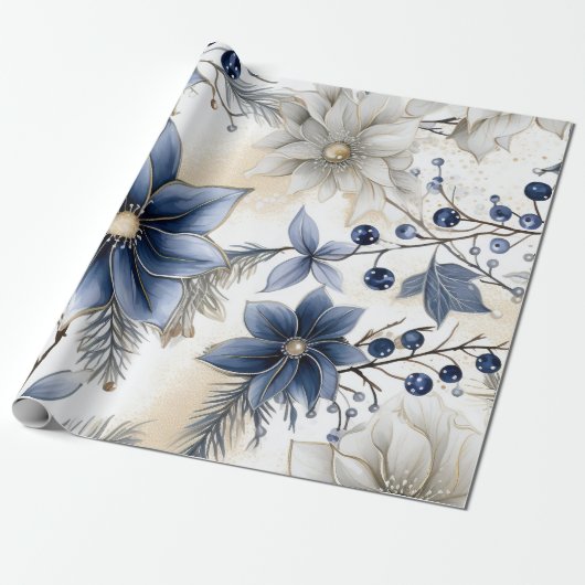 Schöne blaue Weihnachten, Berries, Blumen Geschenkpapier (Ungerollt)