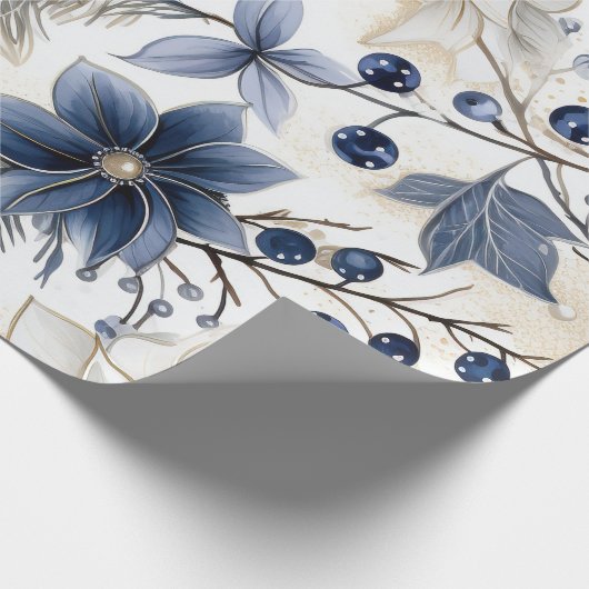Schöne blaue Weihnachten, Berries, Blumen Geschenkpapier (Ecke)
