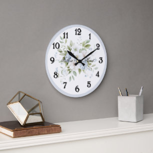 Schöne blaue weiße Blumen Große Wanduhr