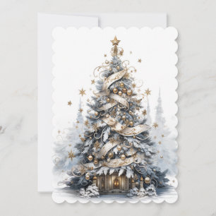 Schöne blaue weiße und goldene Weihnachtsbaum Feiertagskarte
