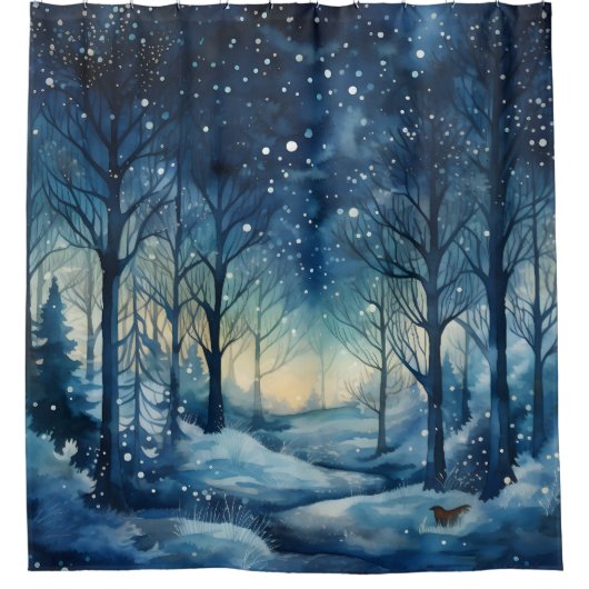 Schöne blaue Winter-Wald-Szene Duschvorhang (Vorderseite)