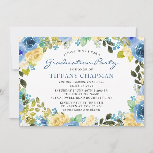 Schöne blaugelbe Blumenstuhlparty Einladung (Vorderseite)