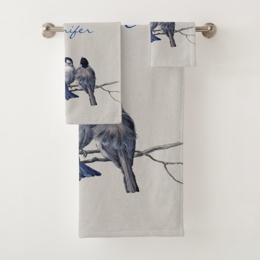 Schöne Blaugraue Vögel auf einem Zweig-Individuell Badhandtuch Set (Insitu)