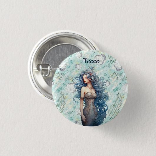 Schöne blauhaarige Meerjungfrau Button (Vorne & Hinten)